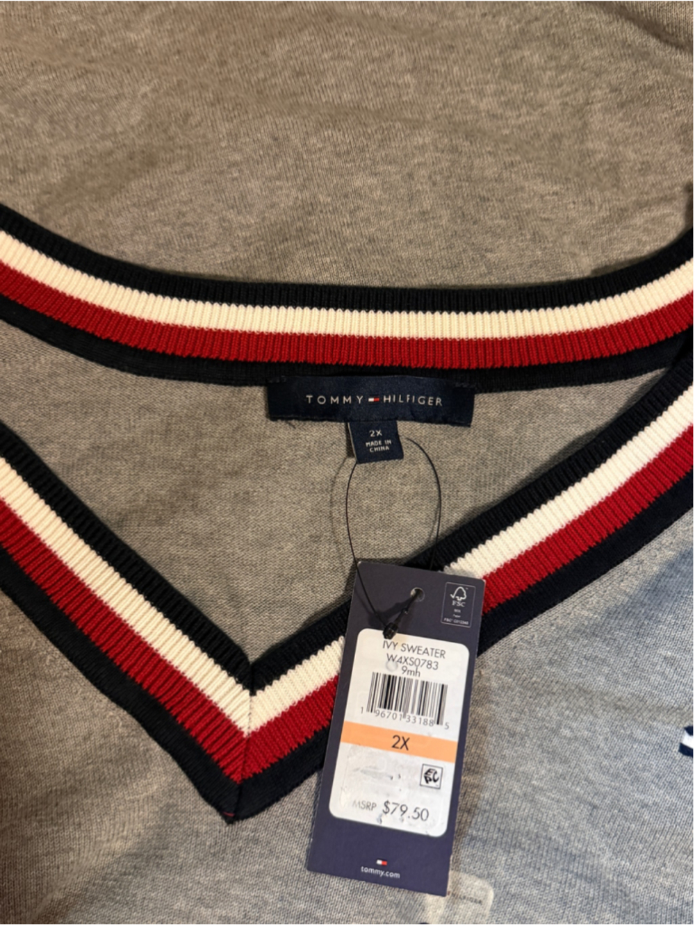 Tommy Hilfiger Plus Size 2X 100% Cotton Grey Contrast-Trim V-Neck Sweater NWT - Picture 4 of 4